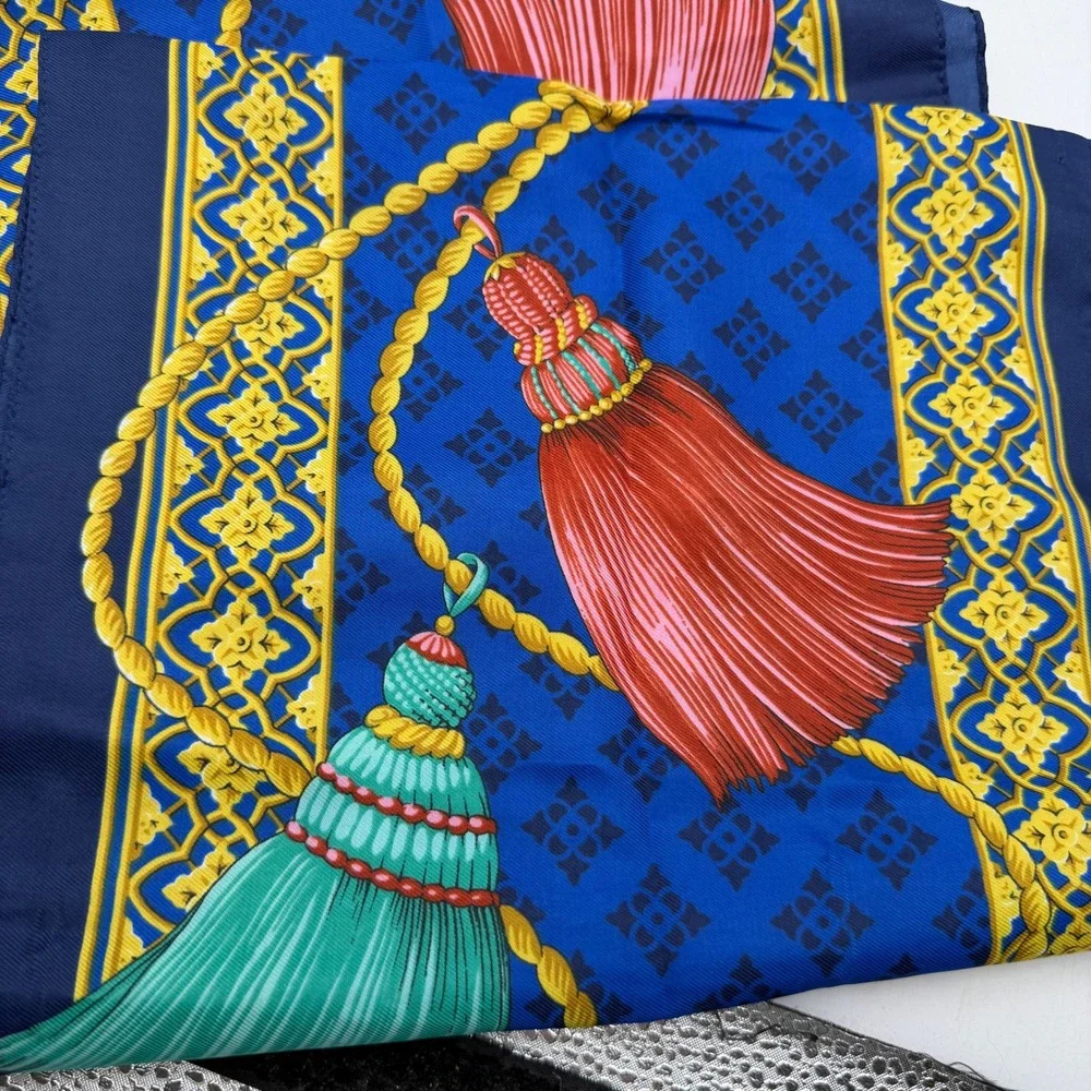 Vintage Royal Blue Tassel Rope‎ Print oblong Scarf Teal Red Neckerchief 30x30
